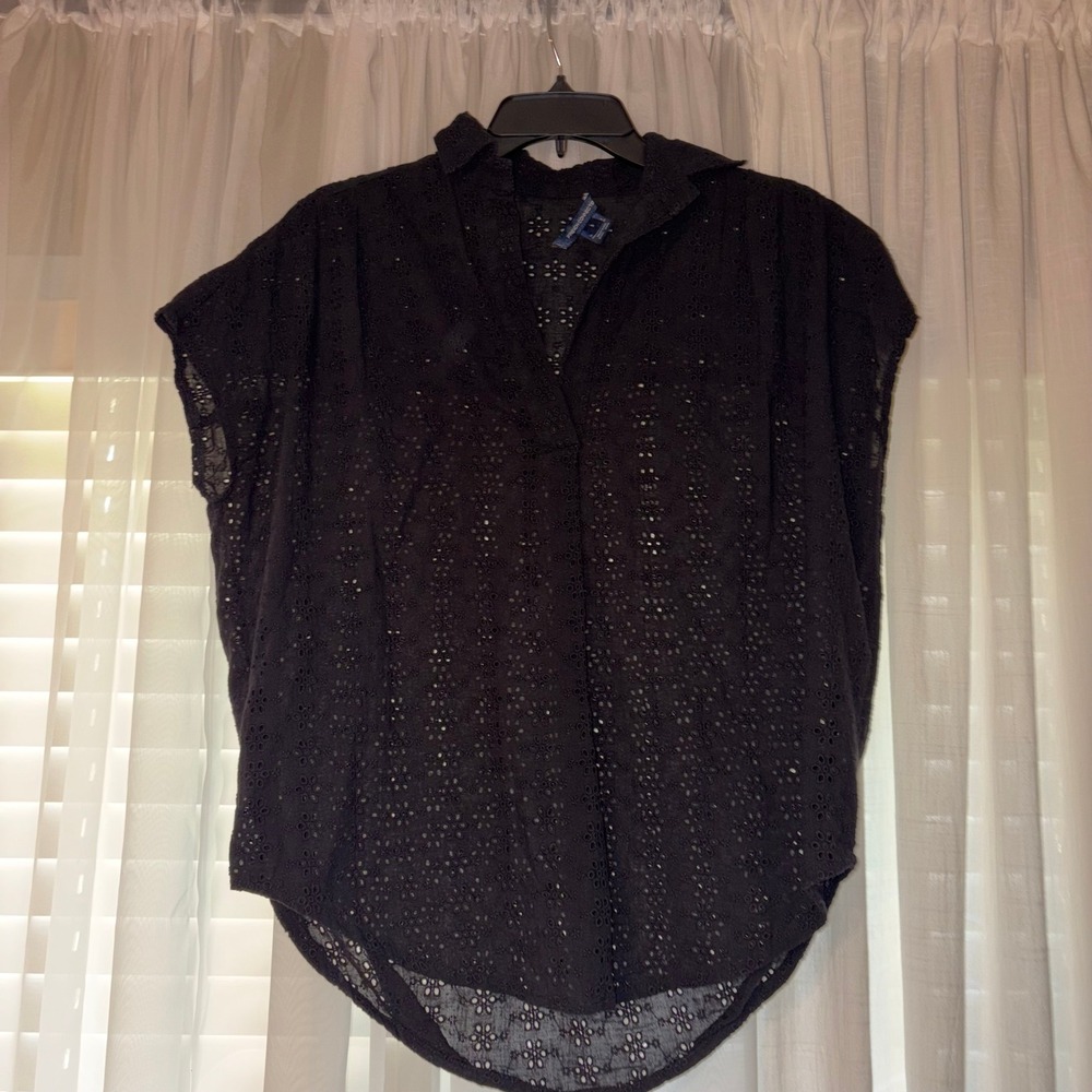 French Connection Top Womens 2 Black Eyelet Cotton Cap Sleeve V-Neck Boho Blouse